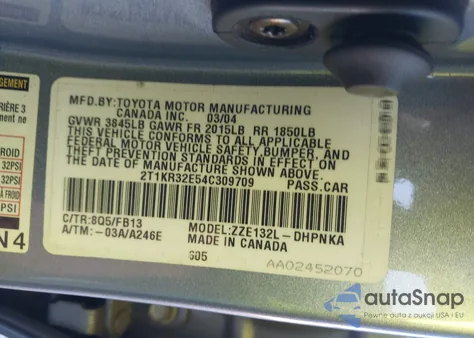 2004 Toyota Matrix Xr from USA, damaged, VIN 2T1KR32E54C309709